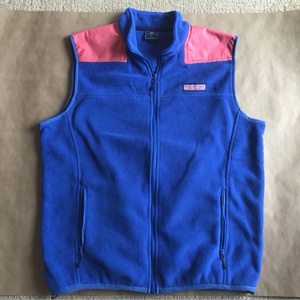 Vineyard Vines Royal Blue Salmon Pink Fleece Full Zip Vest L $118 Preppy‎